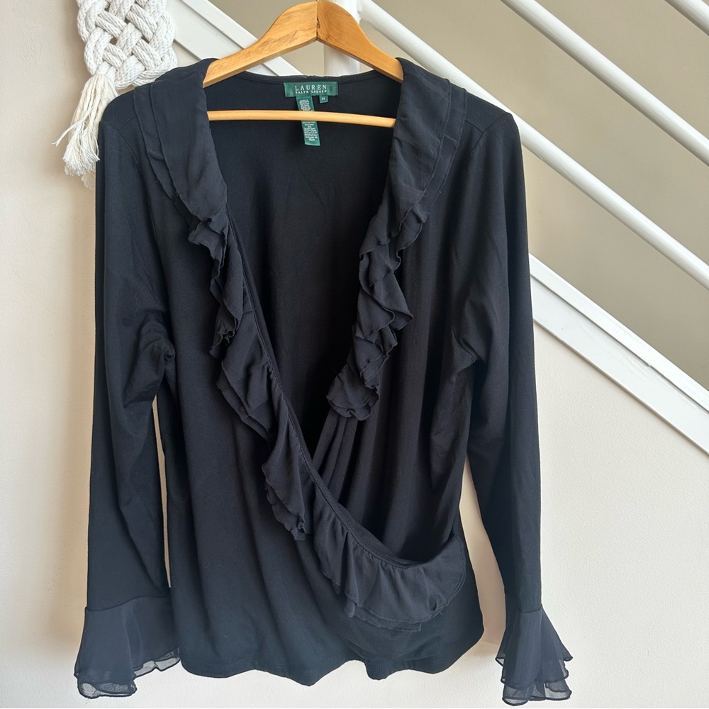 Lauren Ralph Lauren Faux Wrap Chiffon Ruffle Neck & Cuffs Blouse Black Size 2X - Picture 2 of 15